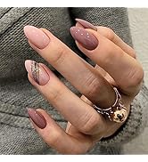 Press on Nails Almond Fake Nails Medium Length Glossy Purple False Nails with Line Designs Acryli...