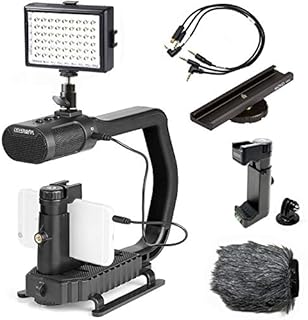 Movo + Sevenoak Micrig U Grip Handle with Built-in Stereo Microphone, LED Light, and Camera Accessories - Stabilizer for Camera, Smartphones, and GoPro Action Cameras