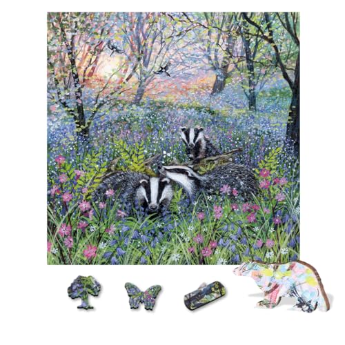 Wentworth Wooden Puzzles Bluebell Badgers - 240 Pcs Adult Jigsaw Puzzle Themed Irregular Pieces Lucy Grossmith Design for Animal and Badger Lovers - Sustainably Sourced Wood and British Made