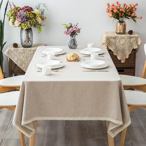 Textured-Tablecloth-Linen-Look-Rustic-Burlap-Style-Washable-Solid-Heavy-Weight-Lace-Trim-Rectangle-Fabric-Table-ClothTable-Cover-for-Kitchen-Dinning-Tabletop-Decoration55x70-in-Beige Textured Tablecloth Linen Look Rustic Burlap Style Washable Solid Heavy Weight Lace Trim Rectangle Fabric Table ClothTable Cover for Kitchen Dinning Tabletop Decoration55x70 in Beige