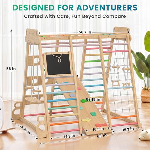 Image of BlueWood Upgraded Indoor Jungle Gym 14-in-1 Playground Kids Climbing Toys, Waldorf Style Wooden Climber Playset with Slide, Swing, Monkey Bars, Upright /Rope Ladder, Climb Net, Colorful