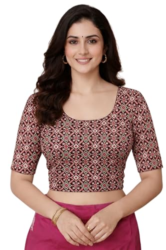 Image of Amazon Brand - Anarva Women's Kalamkari Print Cotton Stretchable Round Neck Readymade Saree Blouse