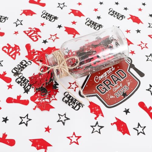 Image of 300Pcs Glitter Red and Black Graduation Table Confetti with Star，Congrats Grad Confetti 2025 Decorations, Perfect for Graduation Party Decor, Class Of 2025 Celebration Supplies