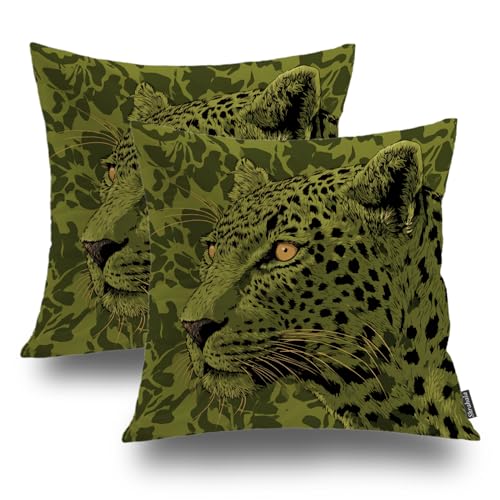 Housse de coussin léopard taie oreiller carrée vert olive 2pcs - 2