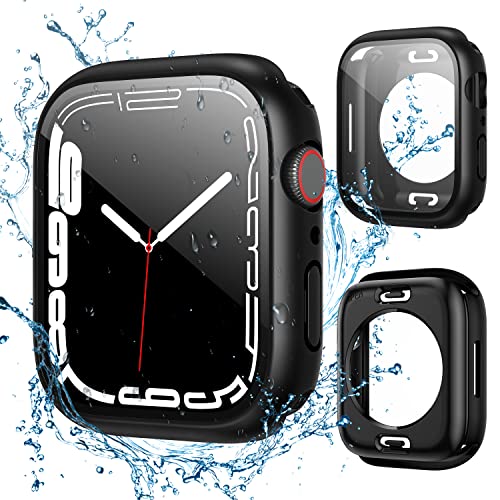 owlold Funda Apple Watch Series 8/7 45 mm Impermeable, Carcasa Antigolpes 360 Grados con Protector de Pantalla de Cristal Templado Integrado, iwatch IPX8 Waterproof Doble Cara Case 45 mm - Negro
