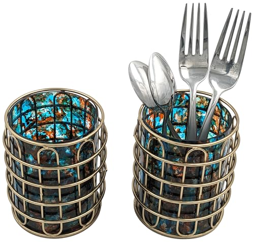 SciencePurchase Set of 2 Elegant Stainless Steel and Glass Cutlery Holders for Silverware, 3.1-inch Wide x 4-inch Tall (Gold with Turquoise/Orange Glass)