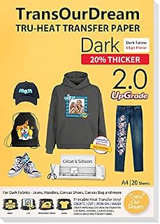 TransOurDream Tru-Heat Transfer Paper Inkjet Upgraded 2.0 20 Sheets A4 For Thick Fabric Iron On Transfers For Dark & Black heavy, Striped, Canvas, Denim, Easy To Transfer Printable vinyl (Trans-02-20)