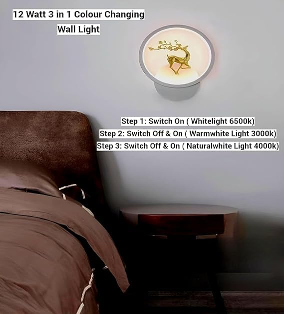 Image of Home Decore Led Fancy Wall Light,Night Lamp,Decorative Lamp,Wall Hanging Lights for Bedroom,Living Room,Color(Warm White+Natural White+Cold White).(white Round Deer)(pack of 4)