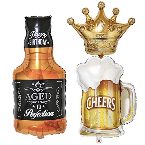 CheeseandU 3Packs Party Large Foil Balloons - Beer Mug & Whiskey Bottle & Golden Crown for Bar Valentines Wedding Decors Aluminium Balloon Birthday Party Decoration Supplies