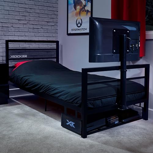 X-Rocker Basecamp TV Gaming Bed with Rotating Mount Storage and Cable Management Single 3ft Low Sleeper Bedstead Metal Frame Ideal for Kids Bedroom Up to 40 TV Supported - Black