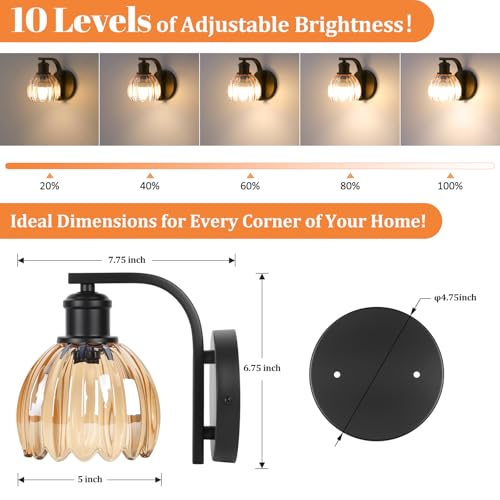 Image of Vintage Rechargeable Battery Operated Wall Sconce Set of Two with Remote | Black Cordless Wall Light with Amber Tulip Glass Lampshade, 15 Colors Dimmable Wireless Wall Lamp for Bedside Hallway Bedroom
