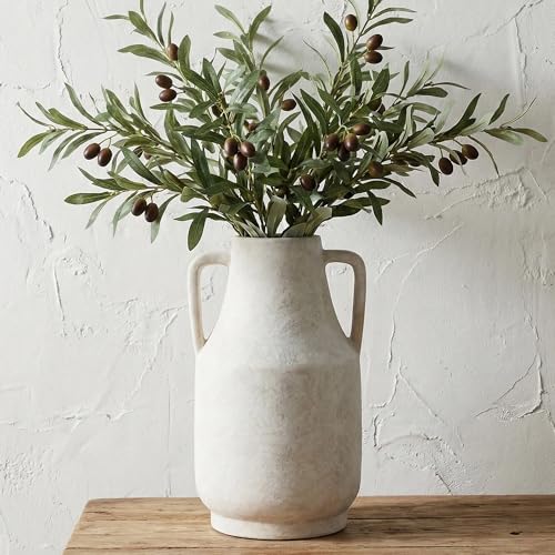 11 Inch Tall Ceramic Vase with Handles, Off-White Farmhouse Rustic