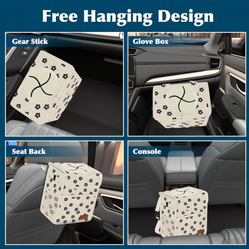 Image of Femuar Leak Proof Car Trash Can with Lid, Collapsible Hanging Waterproof Car Trash Bag with Mesh Pocket for SUV Front Seat Headrest, Beige Flower