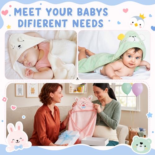 Image of SmoothNovelty 6 Pack Baby Hooded Towels Infants and Toddlers Coral Fleece Baby Bath Towels 31.5 x 31.5 Inch Absorbent Cute Soft Newborn Bath Essentials Gifts for Boys & Girls(Multicolor,Chic)