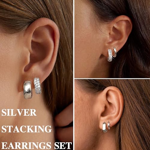 3 Pairs 14K Gold Plated Chunky Hoop Earrings for Women 925 Sterling Silver Post Small Cartilage Hoop Earring Stack Trendy CZ Thick Huggie Hoop Earrings Set3