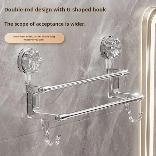 Image of REWOP No-Drill Towel Rack for Bathroom, Towel Holder in Bathroom, Wall Mounted Bathroom Towel Rack - Suction Cup Double Rod Wall Shelf for Towels & Clothes (23 Inch)