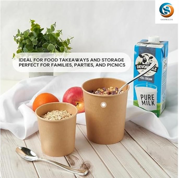 Image of [1000 ml, 25 Count, Brown Disposable Kraft Paper Container with Lid | Eco-Friendly Bowl /Tub for Picnic, Travel, Food Truck | Ideal for Both Hot & Cold Food