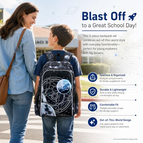Image of gxtvo 3PCS Boys Planet Bookbag, 17 inch Kids Bookbag with Lunch Box, Water Resistant Middle Elementary Preschool School Bag