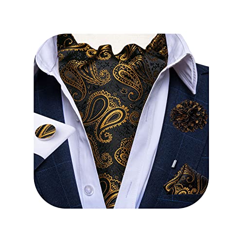 Image of DiBanGu Mens Silk Ascot Ties Paisley Jacquard Woven Cravat and Pocket Square Cufflinks with Lapel Pin for Business Wedding