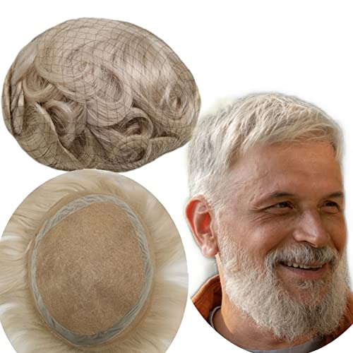Echthaar Toupet für Männer,Yanahair Gewelltes Haar dünne französische Spitze gebleicht Knoten natürlichen Haaransatz Poly Haut Perücken Haut Haarsystem Europäische Perücke Mann(10x8",grau/blonde) Cover