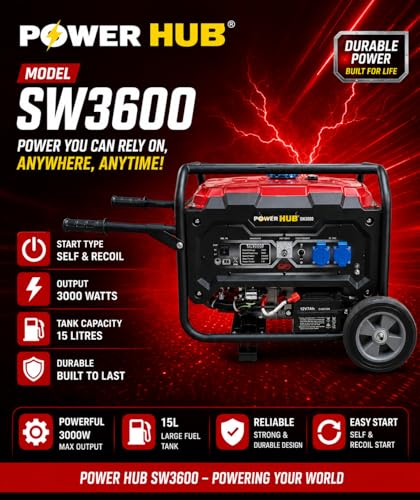 Image of POWER HUB SW3600-3000 Watts OR 3KW Powered Self Start Generator With Heavy Duty Engine|Home & Commercial Use|Petrol Generator|1 Year Warranty & Life Time Spares Supply
