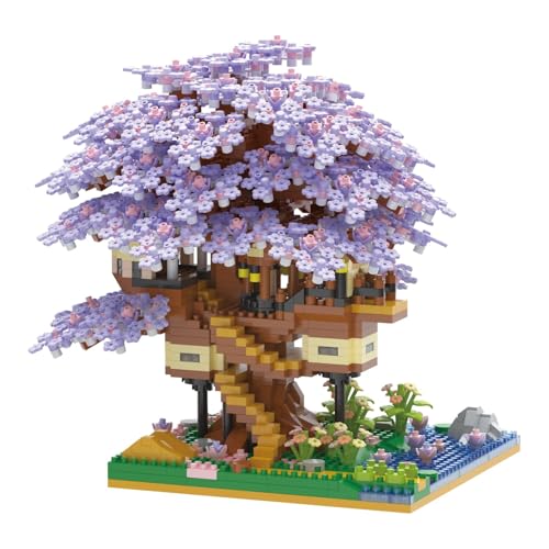 Image of SKY LINE OCEAN Cherry Blossom Bonsai Tree Building Set with LED Lights - 2229+ Micro Pieces Japanese Sakura Tree House Model Kit, Purple Collectible for Adults & Teens (14+) | 6 Months Warranty
