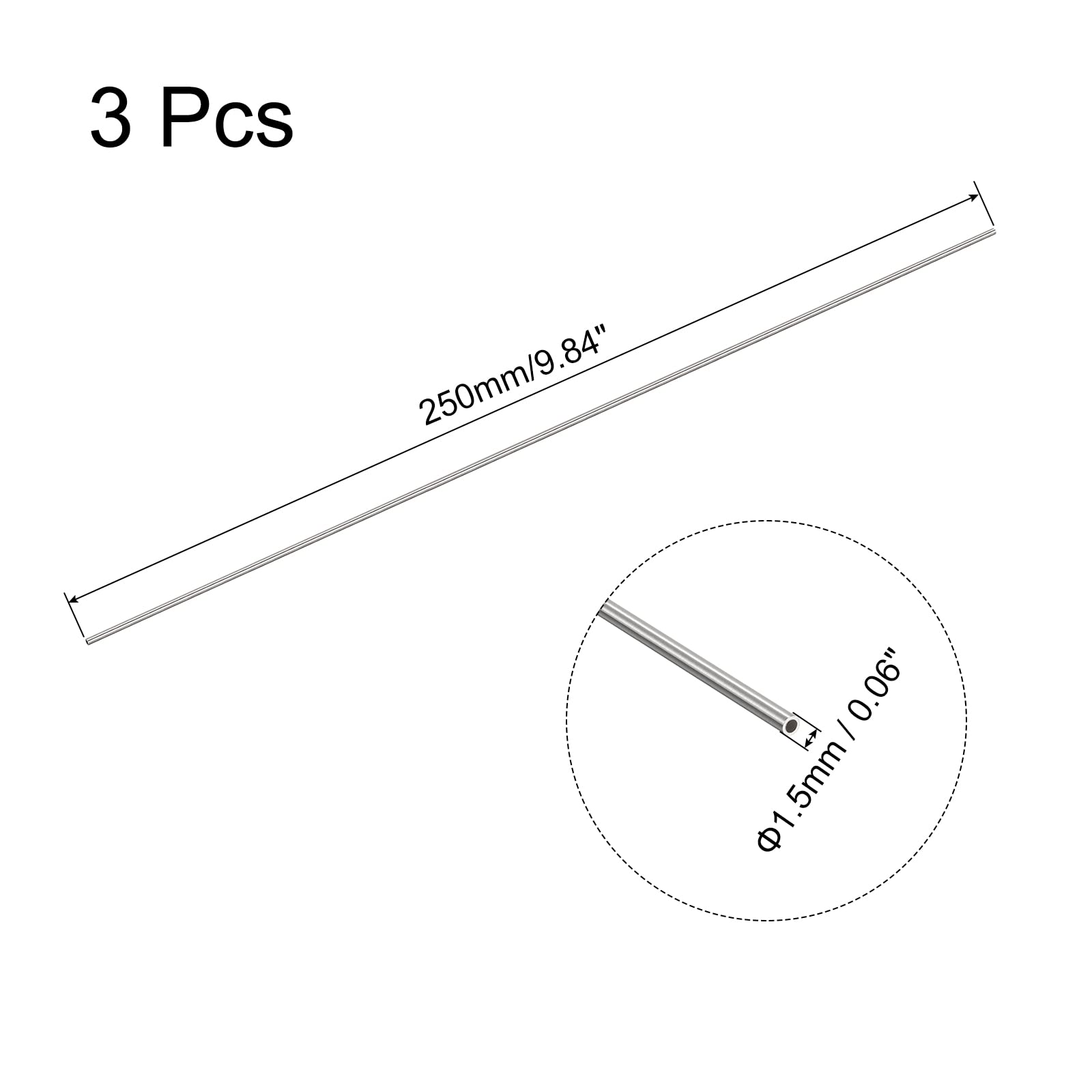 QUARKZMAN 304 Acero Inoxidable Tubo Capilar, OD 1,5mm x 0,2mm Pared 250mm Longitud, 3uds