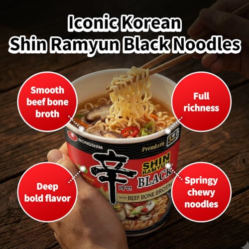 Image of Nongshim Shin Ramyun Black Cup of Noodles, Spicy Korean Signature Instant Ramyun, Rich Beef Bone Broth, Pantry Essential Korean Noodles, Quick and Easy, Microwaveable Cup, 3.56 oz (Pack of 6)