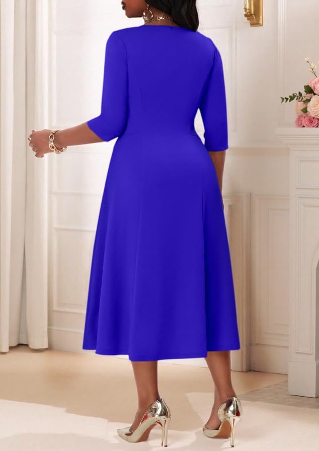 NMODER Womens Cocktail Dress 3/4 Sleeve Elegant Church Dresses for Women Midi Work Crewneck Dress with Pockets - Image 5