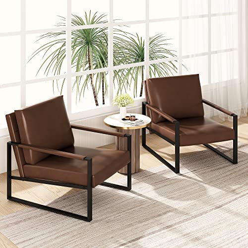 Awqm Modern Pu Leather Accent Chair Arm Chair With Extra-Thick Padded Backrest And Seat Cushion Sofa Chairs For Living Room Bedroom, 105 Degree Slant Back, Non-Slip Adsorption Feet, Brown #TOP2