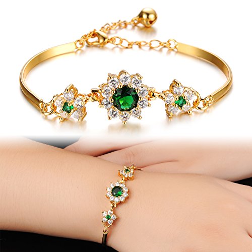 L & J 18k Yellow Gold Sparkling Green Rhinestone Halo Diamond Cut AAA CZ Flower Bangle Bracelet for Women4