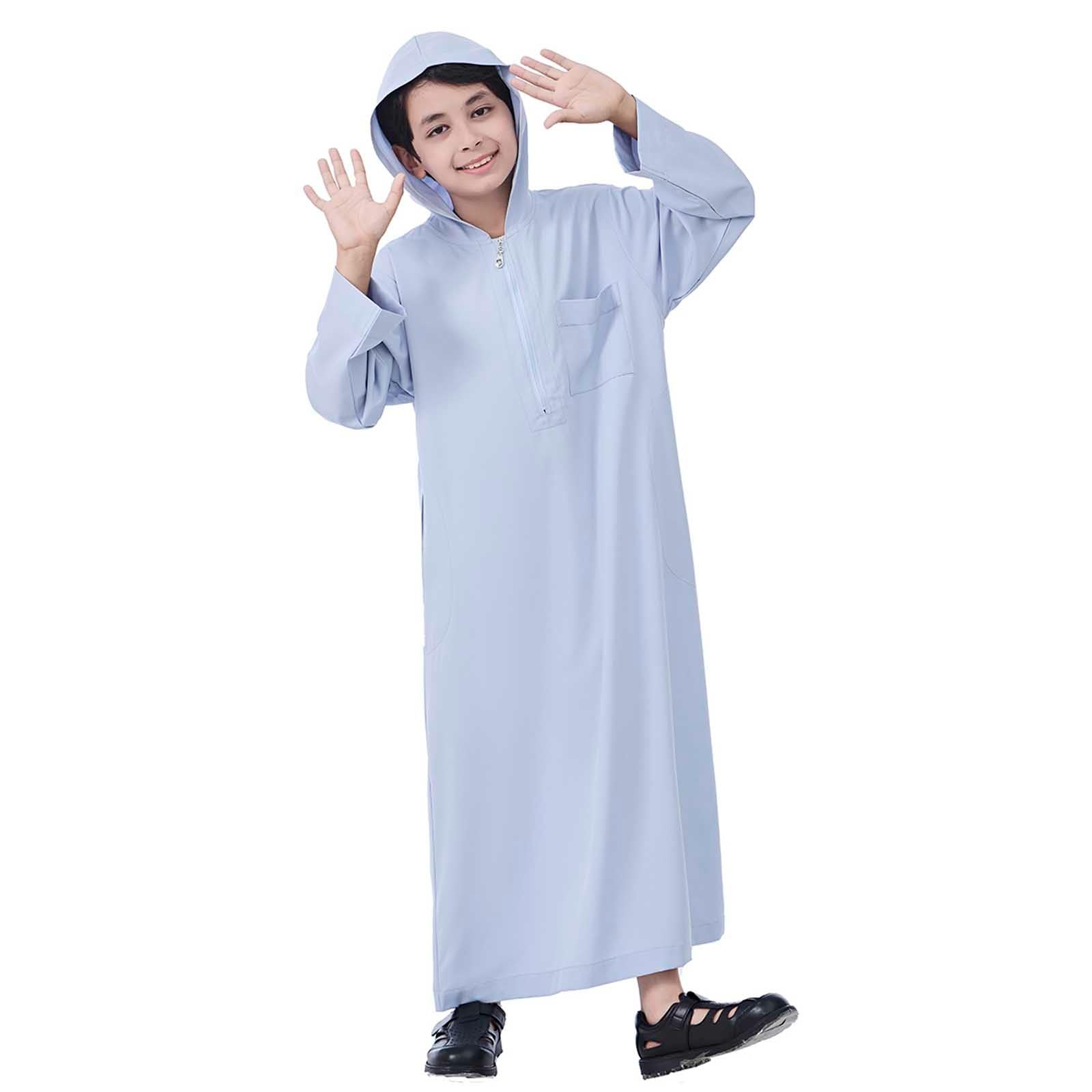 Eid ubrania dla chłopców z długim rękawem z kapturem biały Thobe zamek muzułmański szlafrok wygodny islamski arabski dubaj hidżab szlafrok Jubba na meczet Eid ul-Fitr nabożeństwa i uroczystości