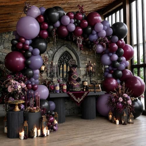 Image of Purple and Black Balloon Arch Garland Kit 102PCS Double Stuffed | Burgundy Dusty Purple Lavender Plum Balloons for Gothic Birthday Wedding Bridal Shower Graduation Halloween Party Decorations