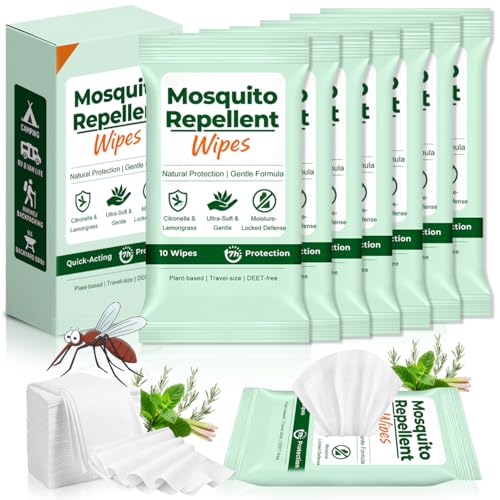 70 Count Natural Mosquito Repellent Wipes Portable Travel-Size Insect Bug Repellent Wipes in Resealable Pouches 10 Wipes per Pack for Camping Hiking Travel Patio Outdoor Protection