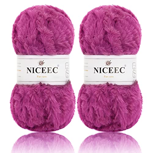 Image of NICEEC 2 Skeins Faux Fur Yarn Super Soft, Chunky & Fluffy, Eyelash Yarn for Crochet & Knitting (Total Length 70yds,3.53oz) - Hot Pink