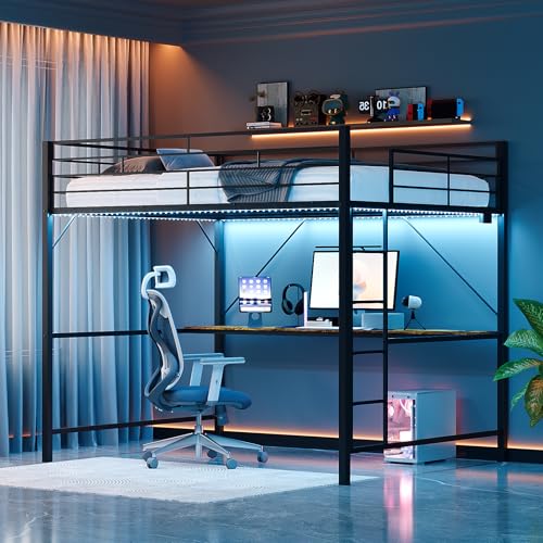 Bonnlo Loft Bunk Bed with Desk Mental Loft Bed with Outlet & LED Light High Sleeper Bed - 38cm Safety Guardrail & Non-Slip Straight Ladder Space-Saving Single Bed Frame for Kids Teens Adults Black