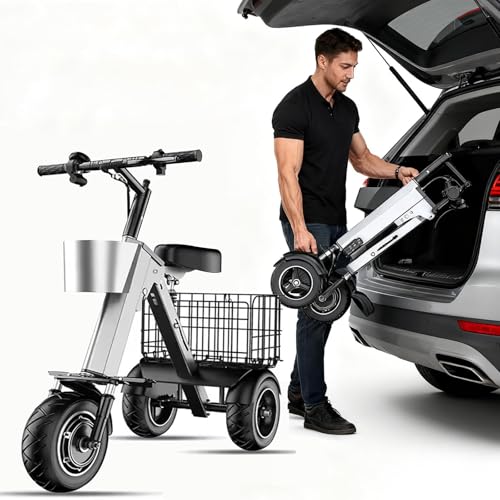 Patinete Electrico Adultos Tres Ruedas, Scooters Motorizados Para Personas Mayores, Iones De Litio Para Inválidos Y Mayores Andadores Para Personas Mayores Scooter Plegable(With Two Baskets)