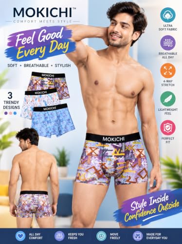 Image of Men's Printed Boxer Briefs | Comfortable Trunk-Style Innerwear with Elastic Waistband | Multicolor Pack of 3