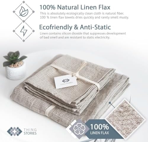 Pure 100% Linen Bath Towel - 30x60-inch Lightweight Travel Towel - Linen Beach Towel Waffle Weave Quick Dry Hair Towel - Thin Towels for Bathroom - Thumbnail 3