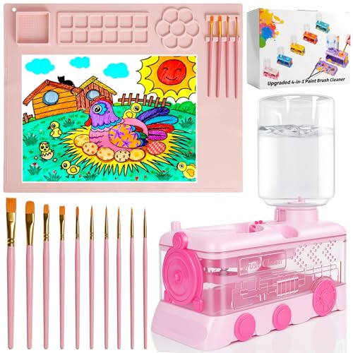 Paint Brush Cleaner Painting Station with 10 Brushes Washable Mat and Paint Water Dispenser Paint Brush Rinser Paint Brush Washer for Young Artists Kids Beginners & Students (Pink)