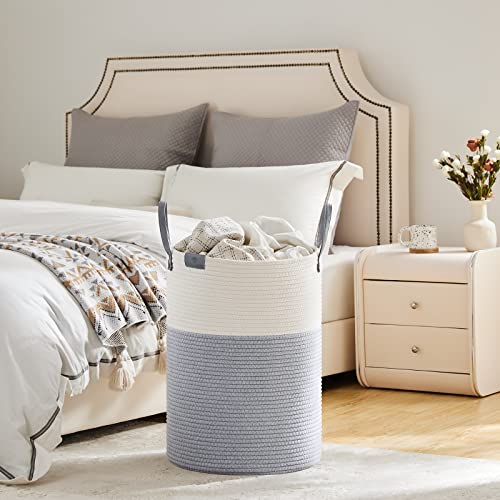 Image of VIPOSCO 72L Tall Woven Rope Laundry Hamper, Leather Handles, Grey & White | Large Wicker Laundry Basket for Dirty Clothes, Blanket, Toy, Towel, Yoga Mat, Storage Bin in Bedroom, Bathroom, Living Room