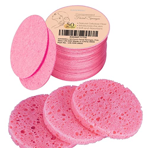 Gainwell 50-Count Compressed Facial Sponges For Daily Facial Cleansing And Exfoliating, 100％ Natural Cosmetic Spa Sponges For Makeup Remover, Reusable, Pink #TOP8