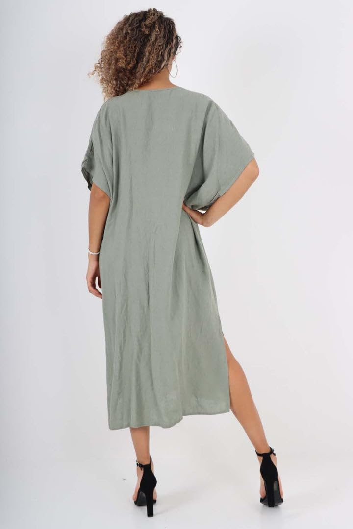 Abito da donna con scollo a V italiano con coulisse frontale casual a pipistrello a maniche corte con spacco laterale in lino vestito da festa