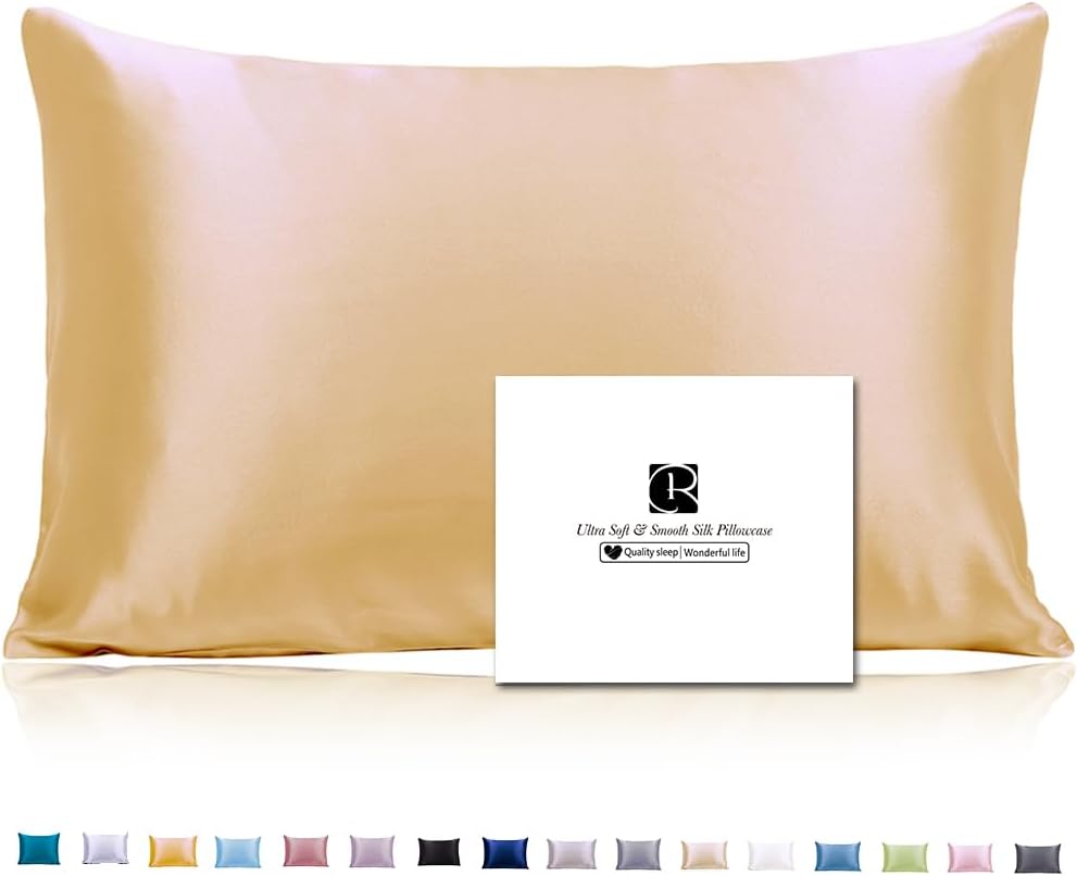 Ravmix Silk Pillow Cases with Zipper, 21momme Mulberry Silk Pillowcase for Hair Skin Health, Soft Smooth Breathable Cool Pillow Cover for Beauty Sleep with Gift Box 1PC(Queen 20"x30", Gold)