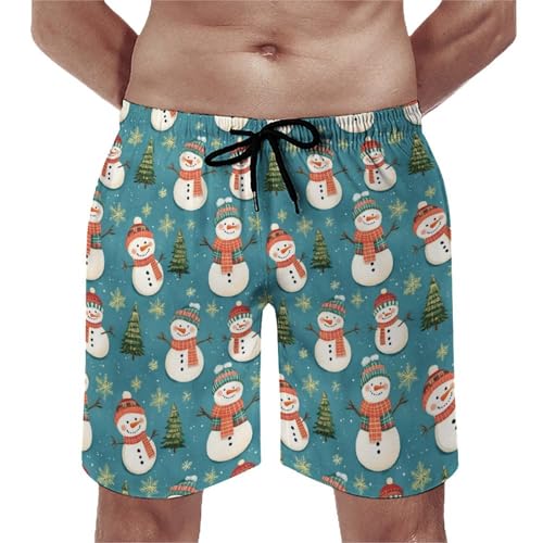 Hawaiian Shorts for Men - Comfy Cute Snowman Christmas Tree Print Mens Swim Trunks Bathing Suits with Mesh Lining