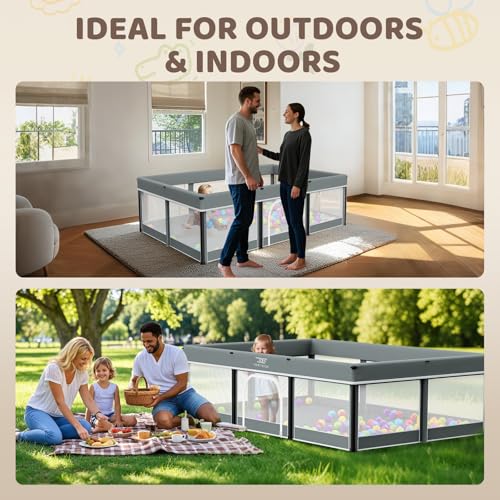Image of 74x50 Foldable Baby Playpen with Mat - Portable Outdoor Play Yard, Grey