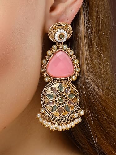 Image of Karatcart Red Stone Studded Gold Plated Drop Earrings for Women