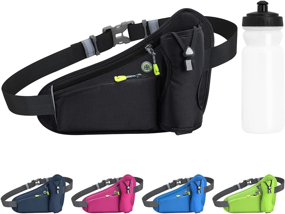 Tyuodna Running Belt with Water Bottle Holder,Ultra Light and Waterproof Waist Pack, with Reflective Strips and Headphone Hole Ideal Adjustable for Exercise, Travel Hiking & Outdoor (Black+Bottle)