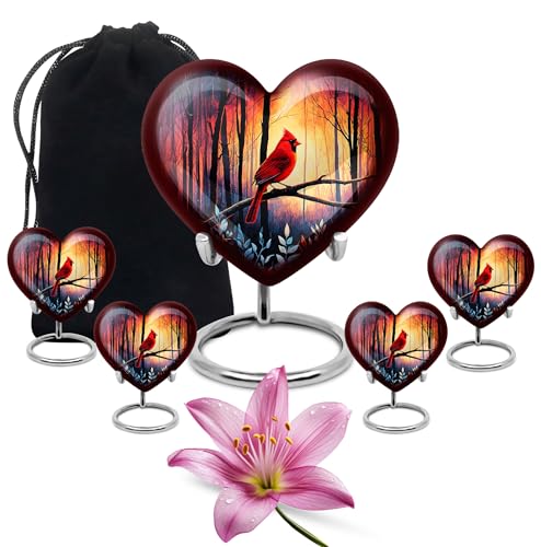 Image of Cardinal Bird Urn for Human Ashes Adult Male & Female 1 Large & 4 Small | Small Cremation Urns, Unique for Ash, Burial Urns