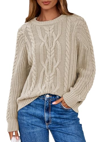 EVALESS Womens Sweaters Casual Crewneck Long Sleeve Cable Knit Chunky Lightweight Oversized Sweater Pullover Outfits